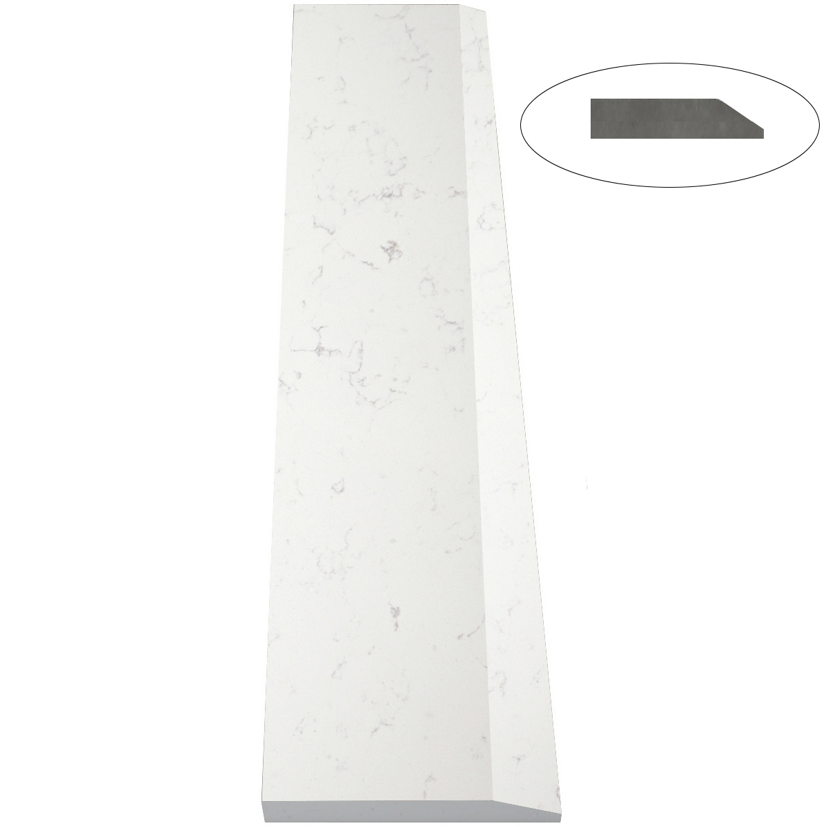 Close-up view of 6 x 48 Saddle Threshold Hollywood Bianco Carrara Stone shows the top surface finish, slope edge on one long side and eased edge bevel on the other long side