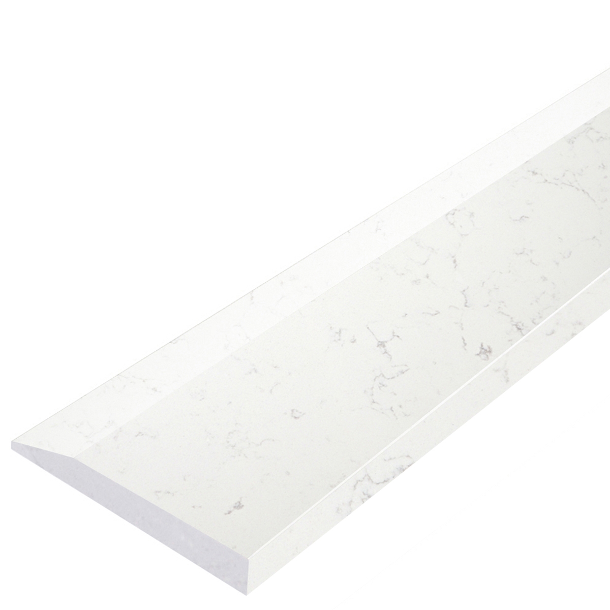 Side angle view of 4 x 60 Saddle Threshold Hollywood Bianco Carrara Stone shows the top surface finish, slope edge on one long side and eased edge bevel on the other long side