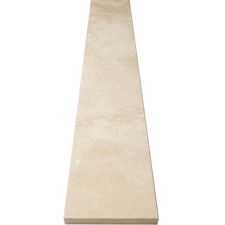 Close-up view of 6 x 24 Saddle Threshold Ivory Light Travertine Stone Matte Finish shows the top surface finish and bevel on both long edges