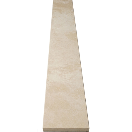 Close-up view of 4 x 24 Saddle Threshold Ivory Light Travertine Stone shows the top surface finish and bevel on both long edges